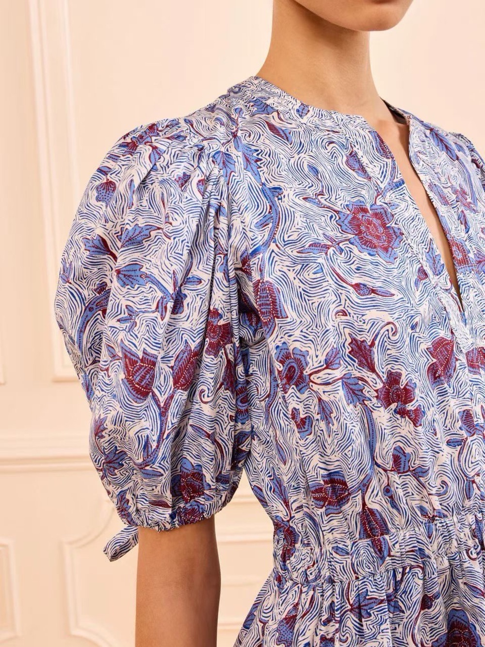 NWOT Ulla Johnson Blue Floral Puff-Sleeve Cotton Midi Dress, Size US 2/4/6/8 - Picture 3 of 7